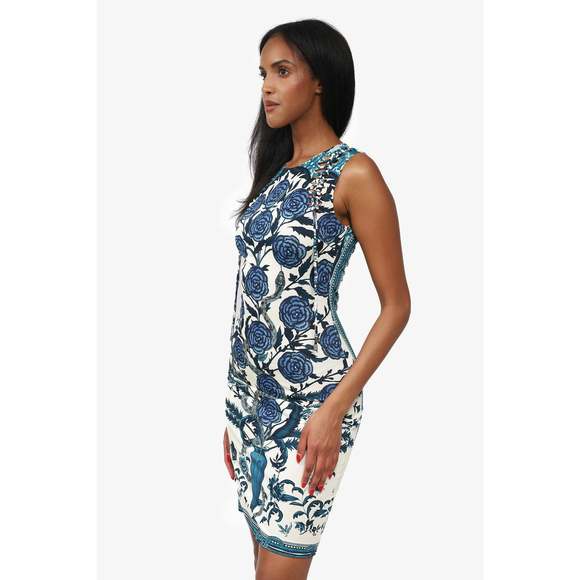 Roberto Cavalli Blue/White Floral & Snake Print Sleeveless Dress Size 38 - Picture 3 of 3